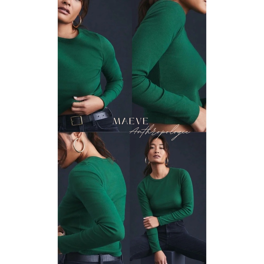 MAEVE Anthropologie Organic Cotton Green Long Sleeve Knit Crewneck Shirt Top | S